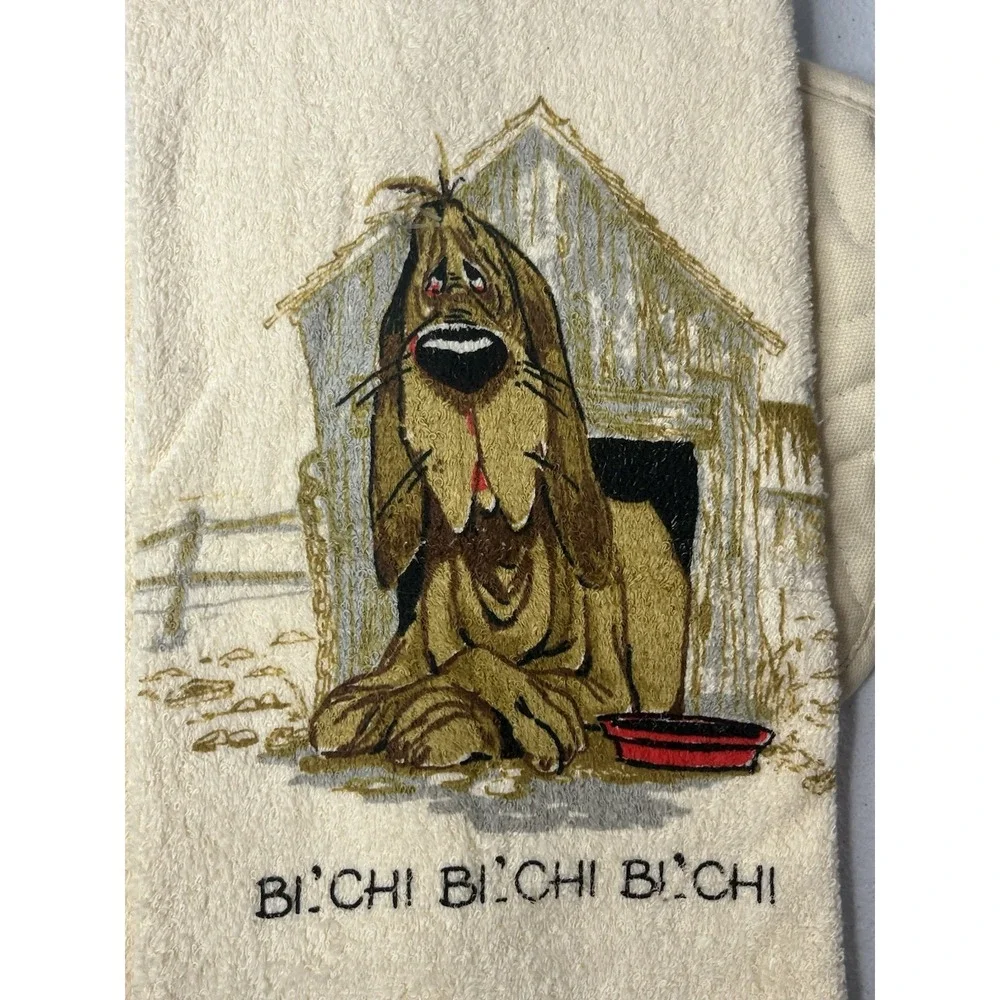 Vtg 3 Piece KITCHEN towel Set Dog Humor B**ch Pot‎ Holder Dish Cloth Gibson MCM